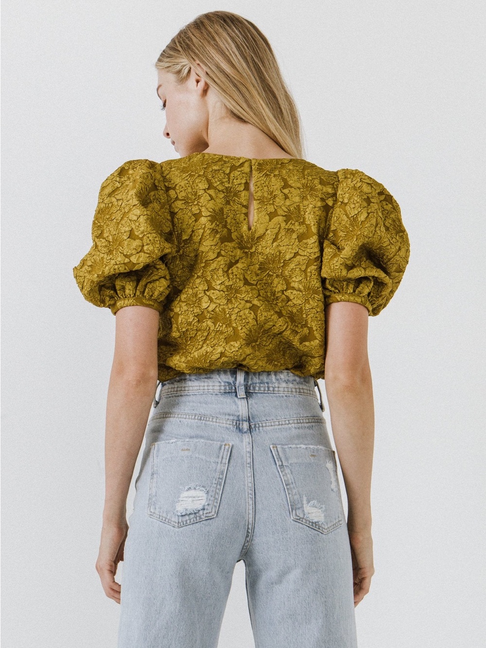 Endless Rose FLORAL JACQUARD PUFF SLEEVE TOP in Greenish-Gold, SZ M NWOT - Picture 4 of 6